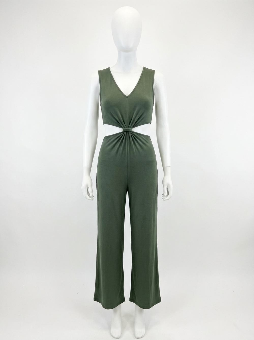 NEW ENTRO solid ribbed v-neck sleeveless jumpsuit in hunter green